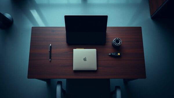 Bureau épuré avec ordinateur portable fermé et outils alignés dans un bureau sombre
