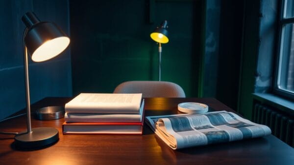 Bureau éditorial sobre au crépuscule avec deux carnets fermés, lampe en acier brossé et lumière ambrée tamisée.