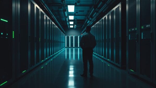 Salle de serveurs sombre avec racks en acier et silhouette d'un technicien de dos au fond de l'allée.