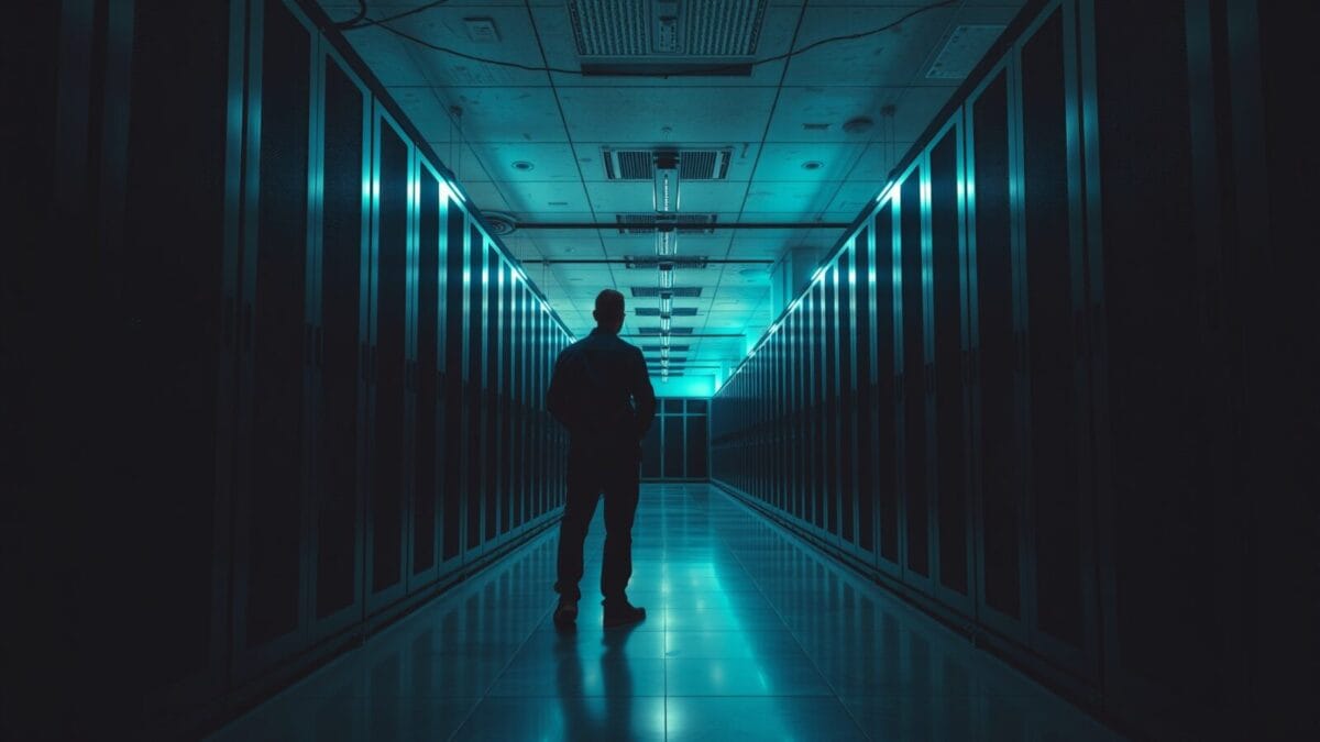 Salle de serveurs moderne à Kuala Lumpur avec silhouette de technicien de dos au fond.