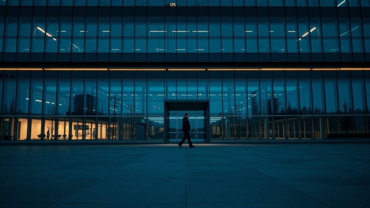 Façade vitrée d'un siège d'entreprise au crépuscule, silhouette d'un agent vue de dos sur une esplanade vide.