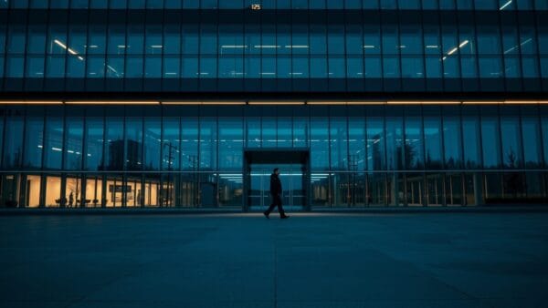 Façade vitrée d'un siège d'entreprise au crépuscule, silhouette d'un agent vue de dos sur une esplanade vide.