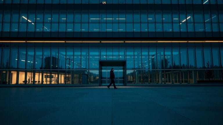 Samsung adopte Codex : +800 % d'utilisateurs en Corée 3 Façade vitrée d'un siège d'entreprise au crépuscule, silhouette d'un agent vue de dos sur une esplanade vide.