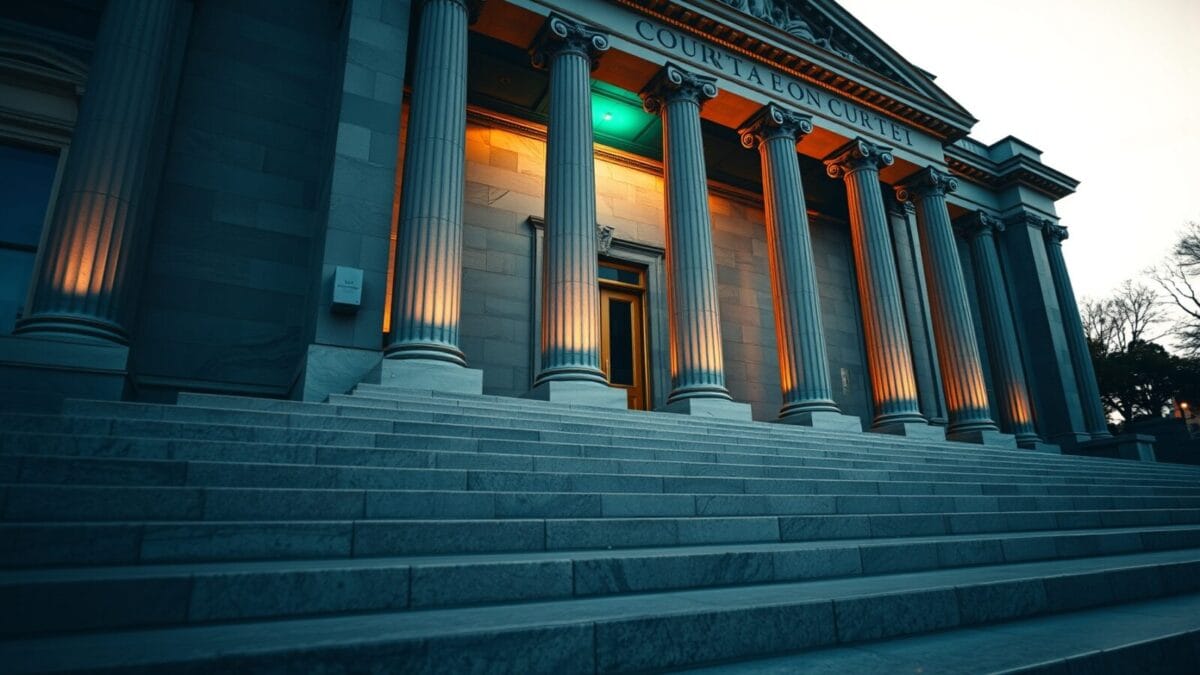 Siri AI annoncé le 8 juin : ce que l'assistant vocal d'Apple devra prouver au RGPD 1 Façade d'un palais de justice au crépuscule, colonnes de marbre et portes de bronze entrouvertes.