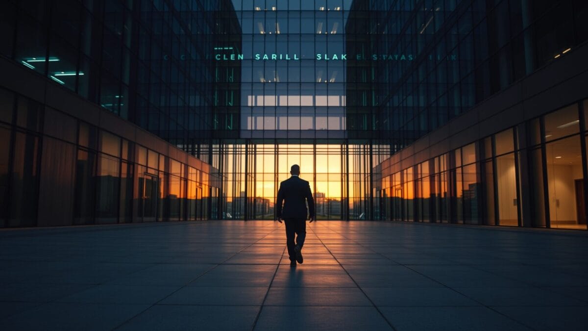 Siège social vitré moderne au crépuscule, silhouette d'un dirigeant marchant de dos sur une esplanade en béton.