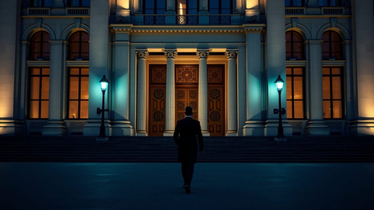 Façade d'un bâtiment institutionnel français au crépuscule, silhouette d'un agent public s'éloignant dans la cour.