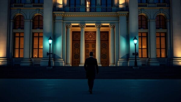 Façade d'un bâtiment institutionnel français au crépuscule, silhouette d'un agent public s'éloignant dans la cour.