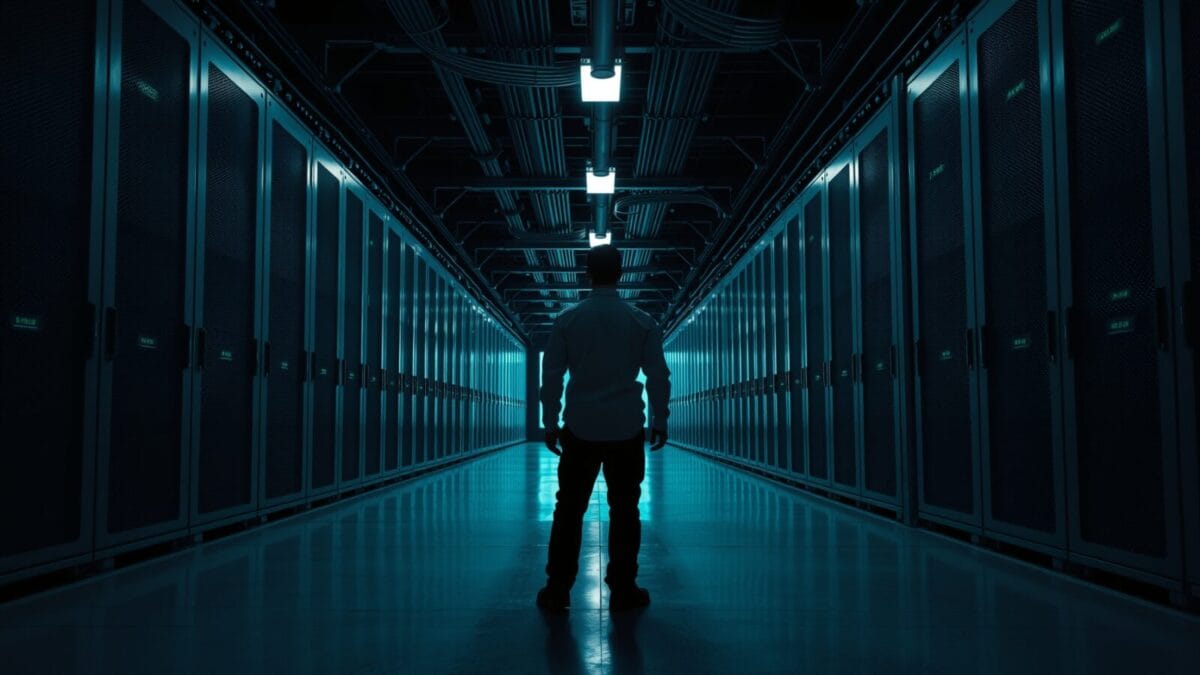 Allée d'une salle des machines déserte, racks d'acier dans une lumière vert-bleu, technicien de dos au loin.