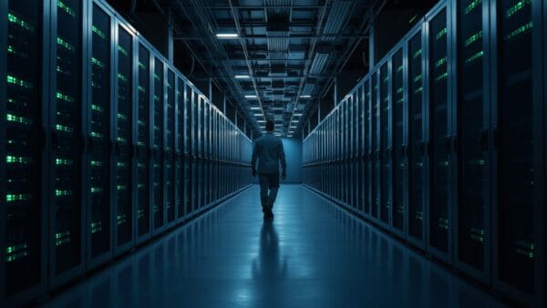 Couloir de data center désert, racks d'acier sous lumière émeraude, silhouette d'ingénieur au loin.