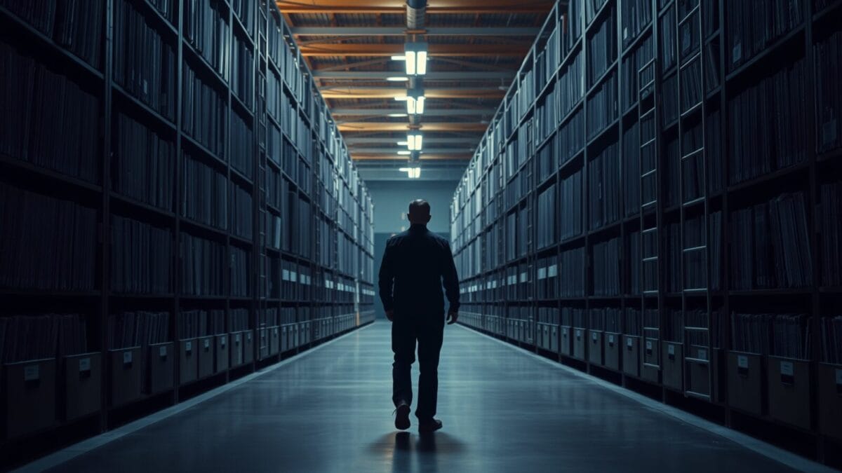 Vaste salle d'archives musicales aux étagères de disques, silhouette d'archiviste au loin.