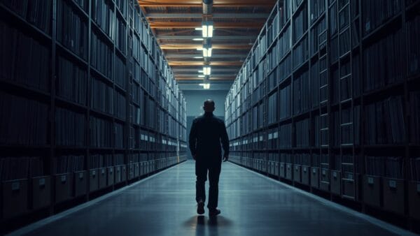 Vaste salle d'archives musicales aux étagères de disques, silhouette d'archiviste au loin.