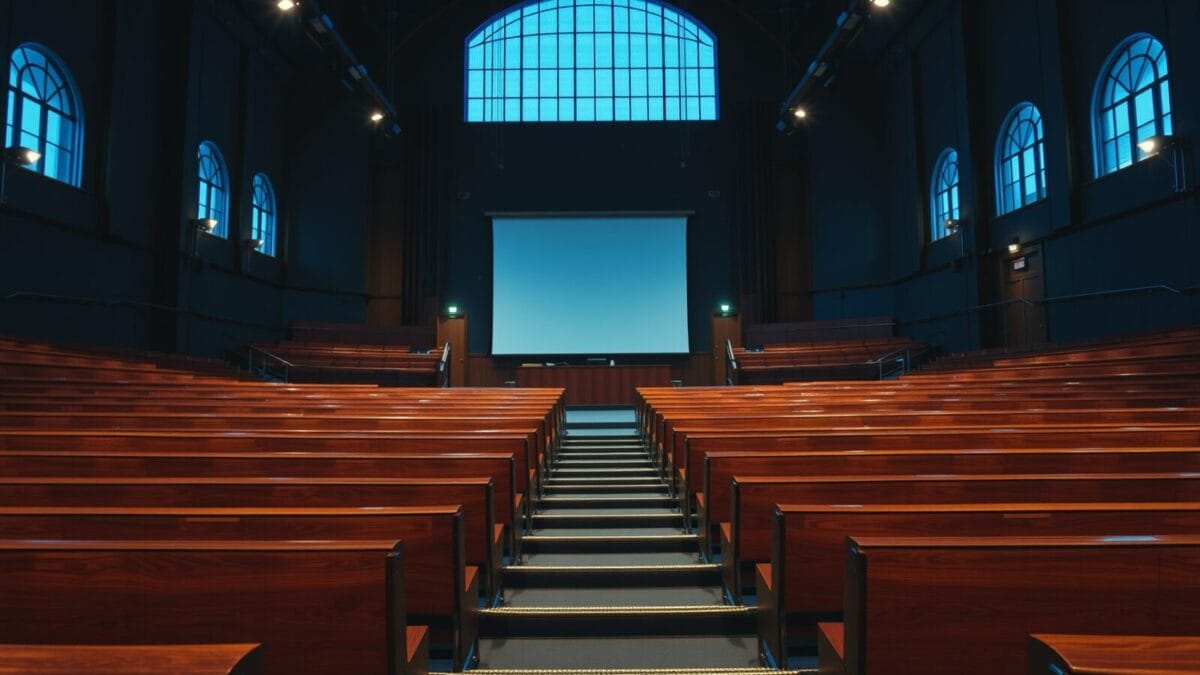 Amphithéâtre universitaire vide au crépuscule, bancs de bois sombre et tableau noir effacé.