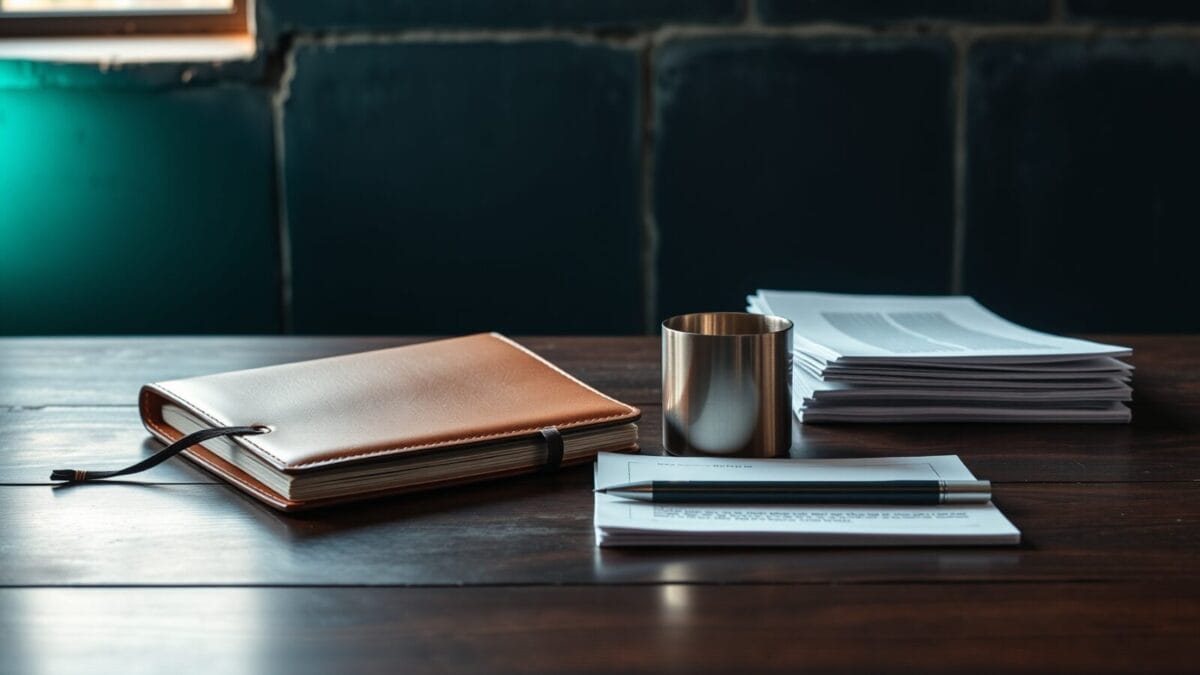 Bureau de veille au calme avec carnet fermé et tasse en acier brossé sur bois sombre.