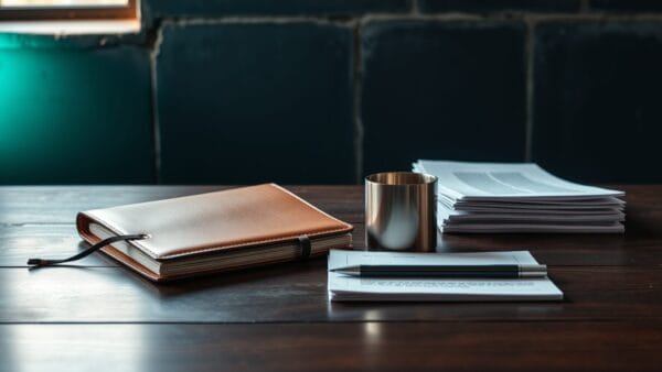 Bureau de veille au calme avec carnet fermé et tasse en acier brossé sur bois sombre.