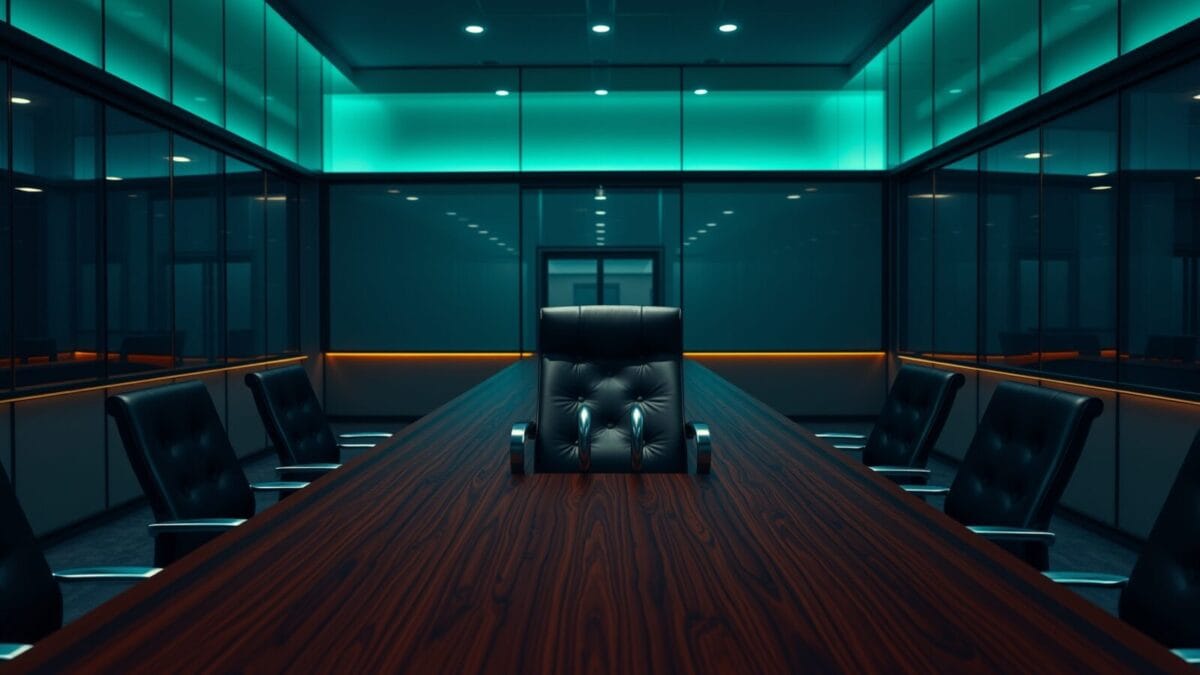 0 % de réussite en 18 mois : anatomie de l'AI mania 1 Salle de conseil vide au crépuscule, fauteuil dirigeant inoccupé en bout de table en bois sombre.