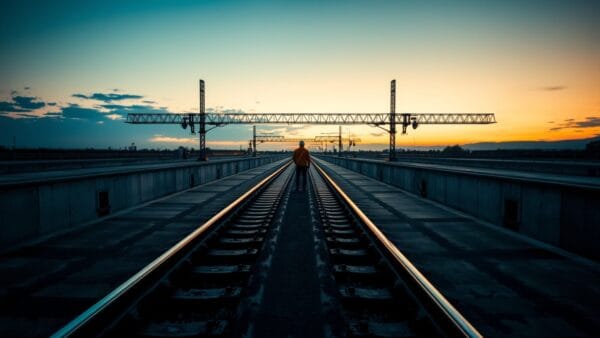 Bifurcation de rails d'acier dans une vallée au crépuscule, silhouette d'un ouvrier de dos au loin.