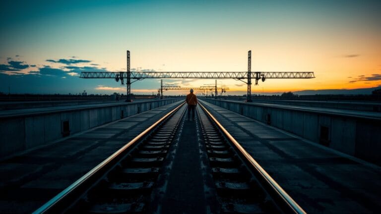 18 % d'erreurs en moins repérées : le piège du « collègue » IA 1 Bifurcation de rails d'acier dans une vallée au crépuscule, silhouette d'un ouvrier de dos au loin.