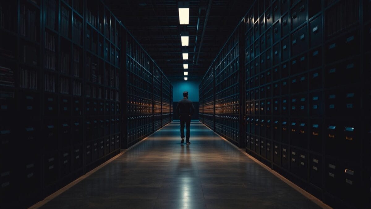 Silhouette d'un éditeur de dos dans une salle d'archives de rédaction au crépuscule.
