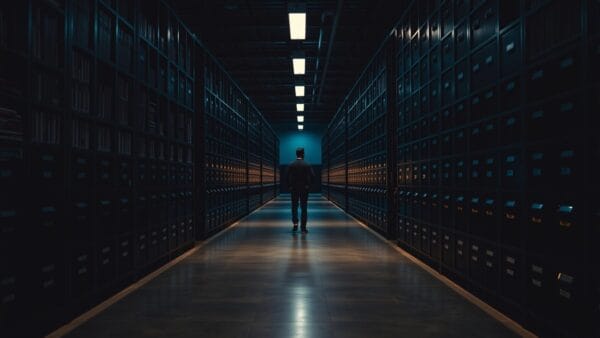 Silhouette d'un éditeur de dos dans une salle d'archives de rédaction au crépuscule.