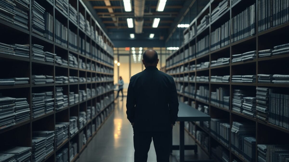Salle d'archives silencieuse d'un grand journal, silhouette d'archiviste de dos entre les rayonnages.