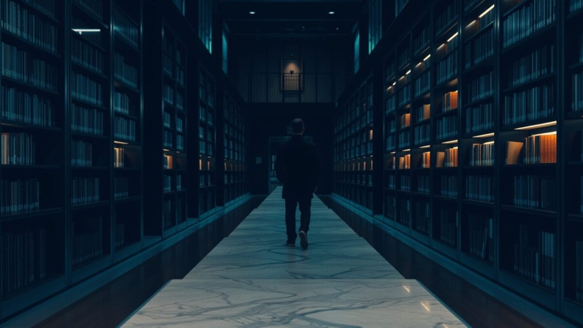 Bibliothèque de recherche au crépuscule, silhouette d'un chercheur de dos au fond d'une allée.