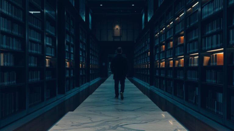 Offres pour débutants : -29 % en deux ans, l'IA en cause 4 Bibliothèque de recherche au crépuscule, silhouette d'un chercheur de dos au fond d'une allée.