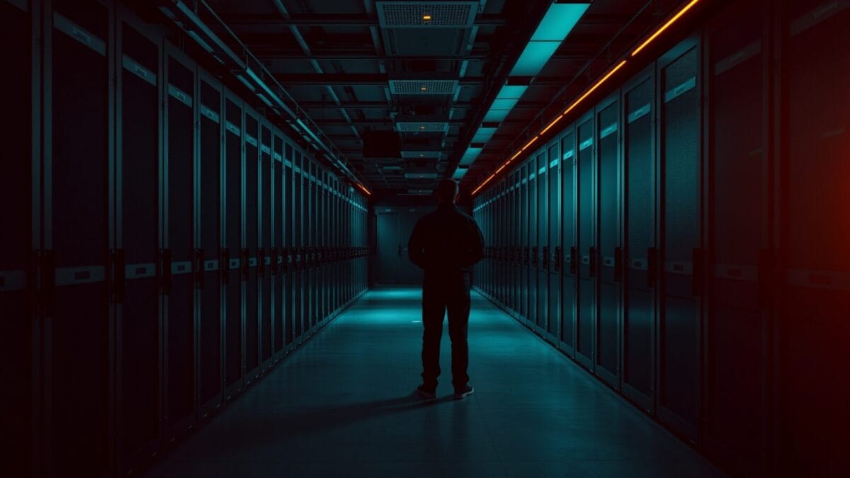 300 M de clients : Deutsche Telekom recâble ses réseaux avec l'IA 1 Salle de contrôle télécoms vide au crépuscule, silhouette d'un technicien de dos entre les baies serveurs.