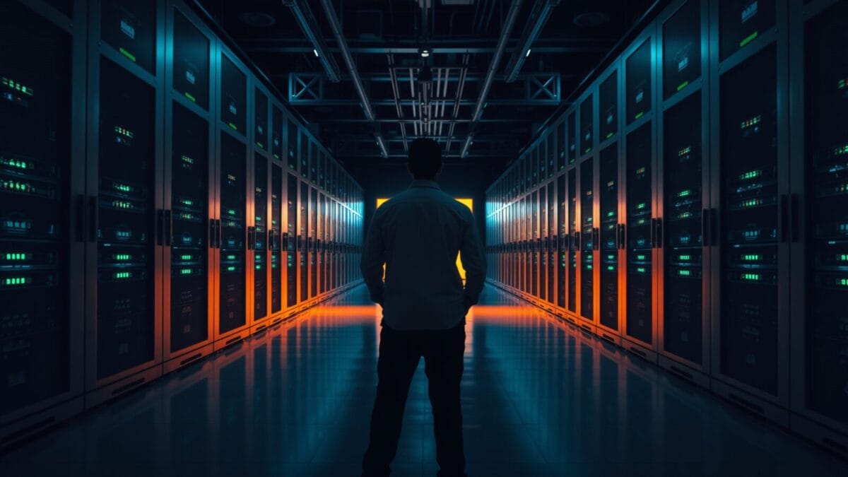 Salle de serveurs sombre aux racks d'acier, silhouette d'un technicien de dos au fond.