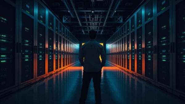Salle de serveurs sombre aux racks d'acier, silhouette d'un technicien de dos au fond.
