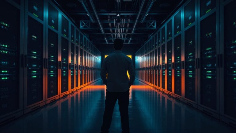 Salle de serveurs sombre aux racks d'acier, silhouette d'un technicien de dos au fond.