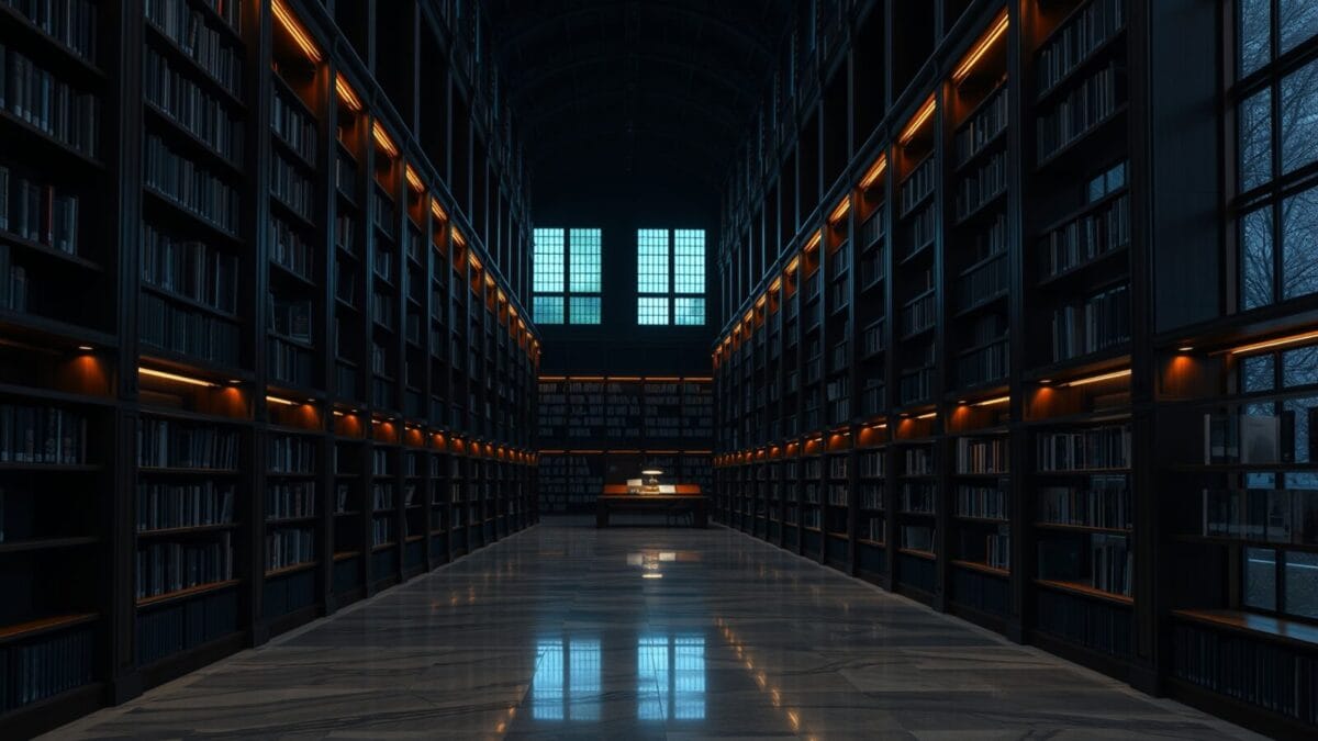 5 Md$ vers l'IA : la science américaine bascule dans une logique de startup 1 Grande bibliothèque de recherche déserte au crépuscule, rayonnages sombres et longue table de marbre.