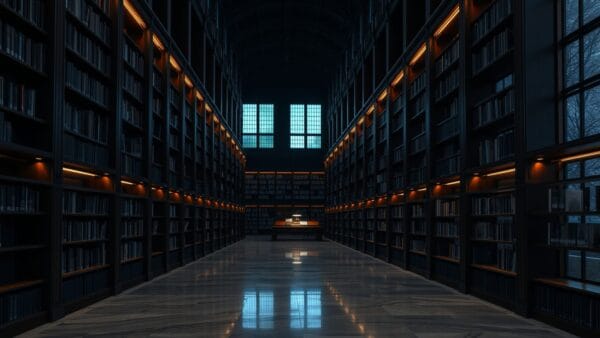 Grande bibliothèque de recherche déserte au crépuscule, rayonnages sombres et longue table de marbre.