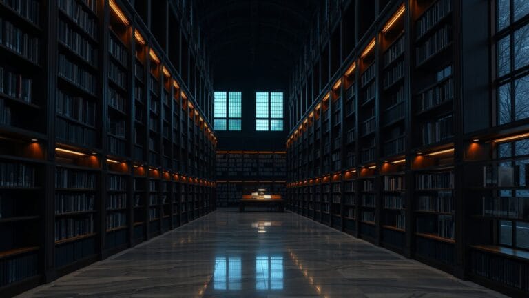 Grande bibliothèque de recherche déserte au crépuscule, rayonnages sombres et longue table de marbre.