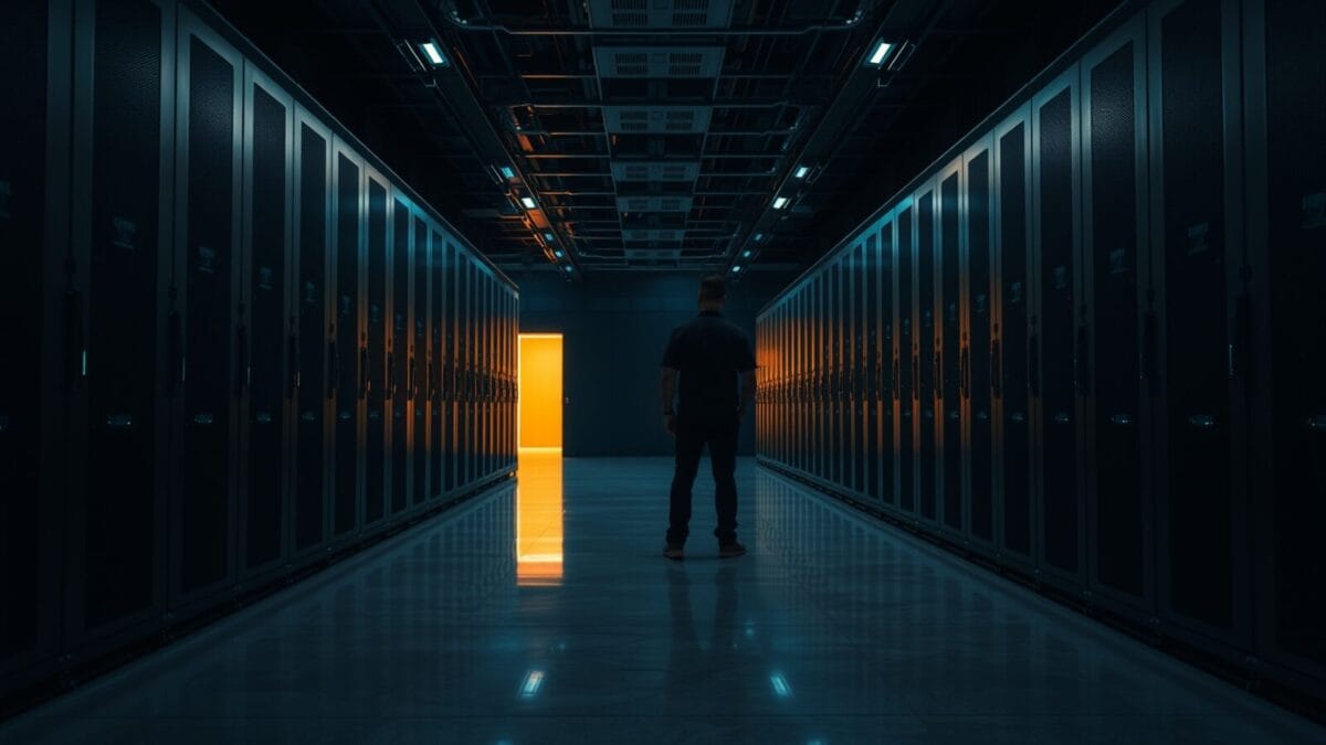 Salle serveurs sombre, racks d'acier alignés, technicien de dos au fond du couloir sous une lumière ambrée.