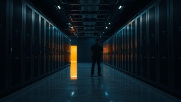 Salle serveurs sombre, racks d'acier alignés, technicien de dos au fond du couloir sous une lumière ambrée.