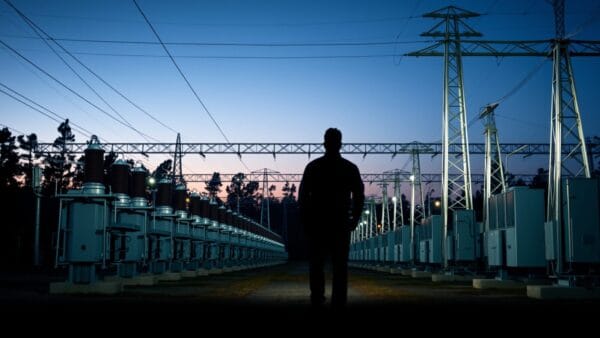 Poste électrique au crépuscule dans une Géorgie rurale, transformateurs d'acier et pylônes devant une pinède sombre.