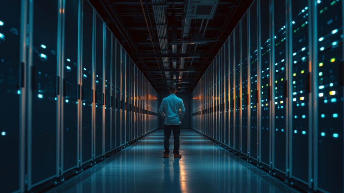 Agent Swarms : les coûts de l'IA se rééquilibrent autour des workers 1 Salle des machines silencieuse, rangées de racks en acier, un technicien de dos au loin.