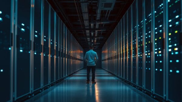 Salle des machines silencieuse, rangées de racks en acier, un technicien de dos au loin.