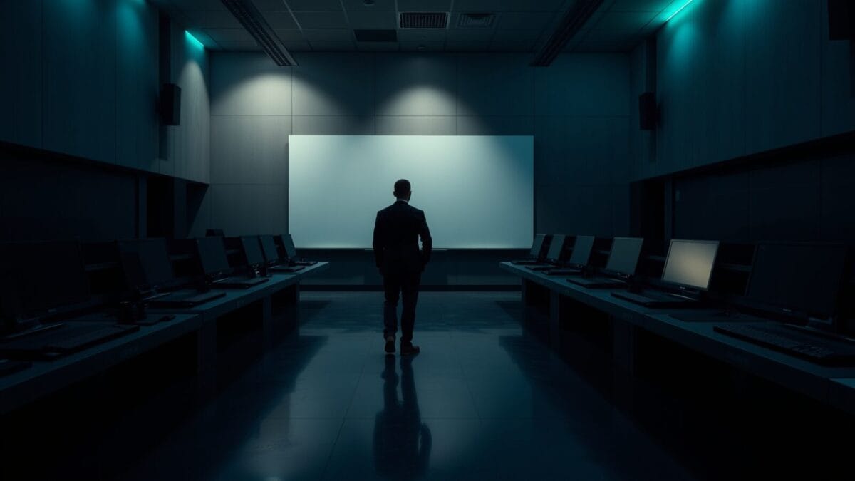 Agent UX : le design d'interface facturé jusqu'à 200 000 $ 1 Salle de contrôle institutionnelle vide, consoles en acier brossé, silhouette d'un technicien de dos au loin.