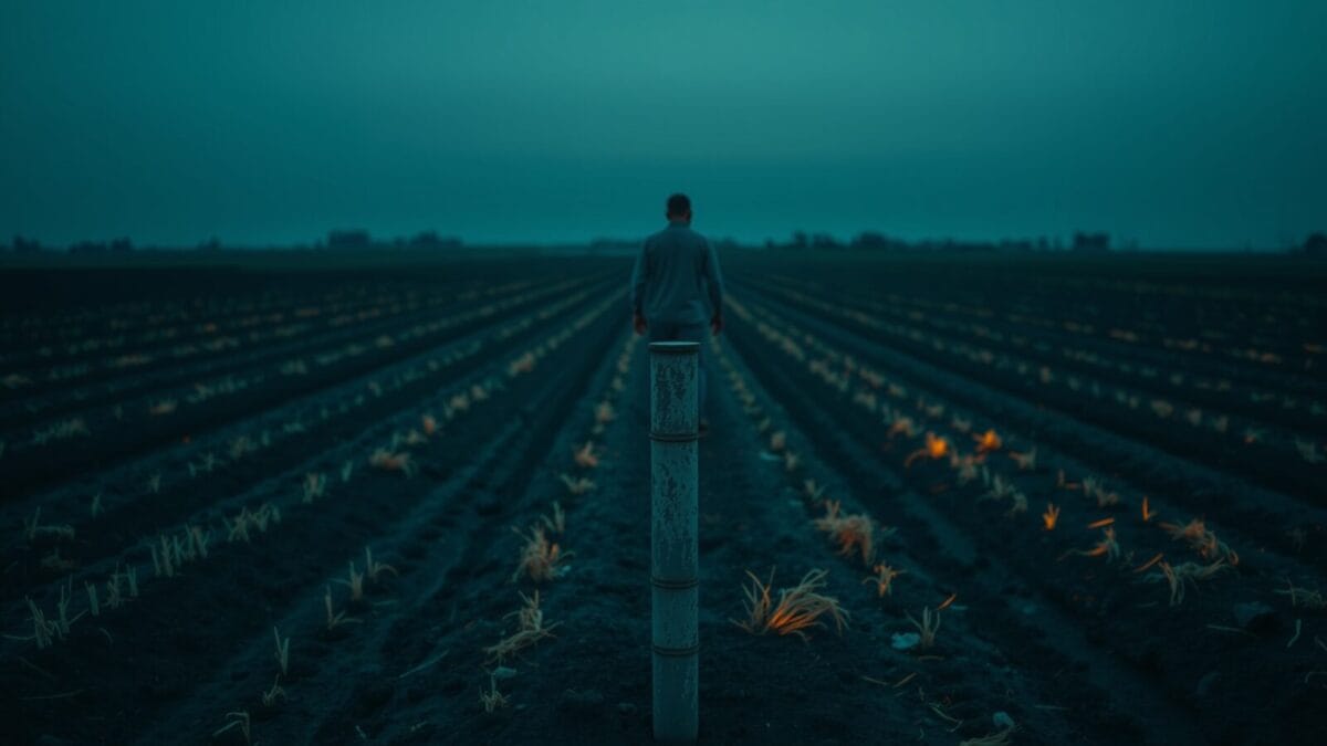 Capteur de sol dans un champ au crépuscule, rangées de cultures et silhouette lointaine d'un agriculteur de dos.