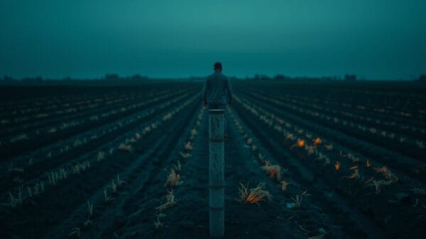 Capteur de sol dans un champ au crépuscule, rangées de cultures et silhouette lointaine d'un agriculteur de dos.