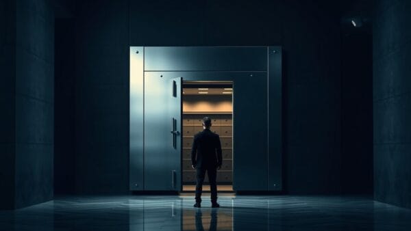 Lourde porte de coffre en acier entrouverte dans un couloir institutionnel, silhouette de dos au loin.