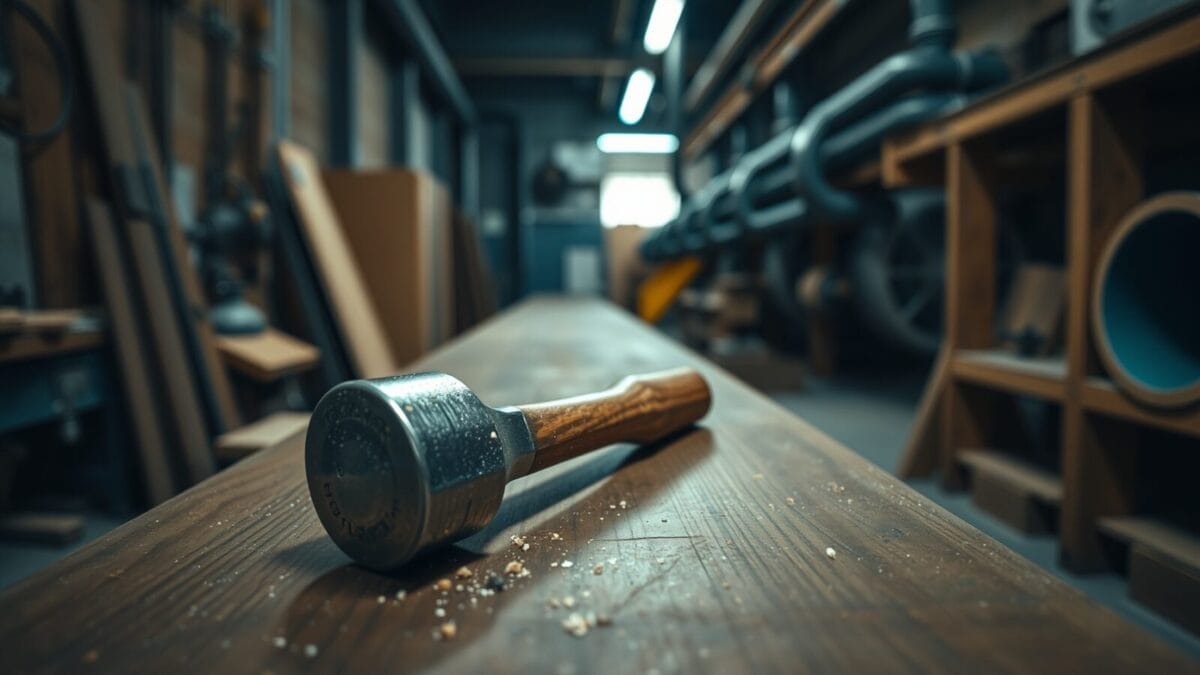 Un marteau posé sur un établi en bois, tuyaux industriels flous en arrière-plan.