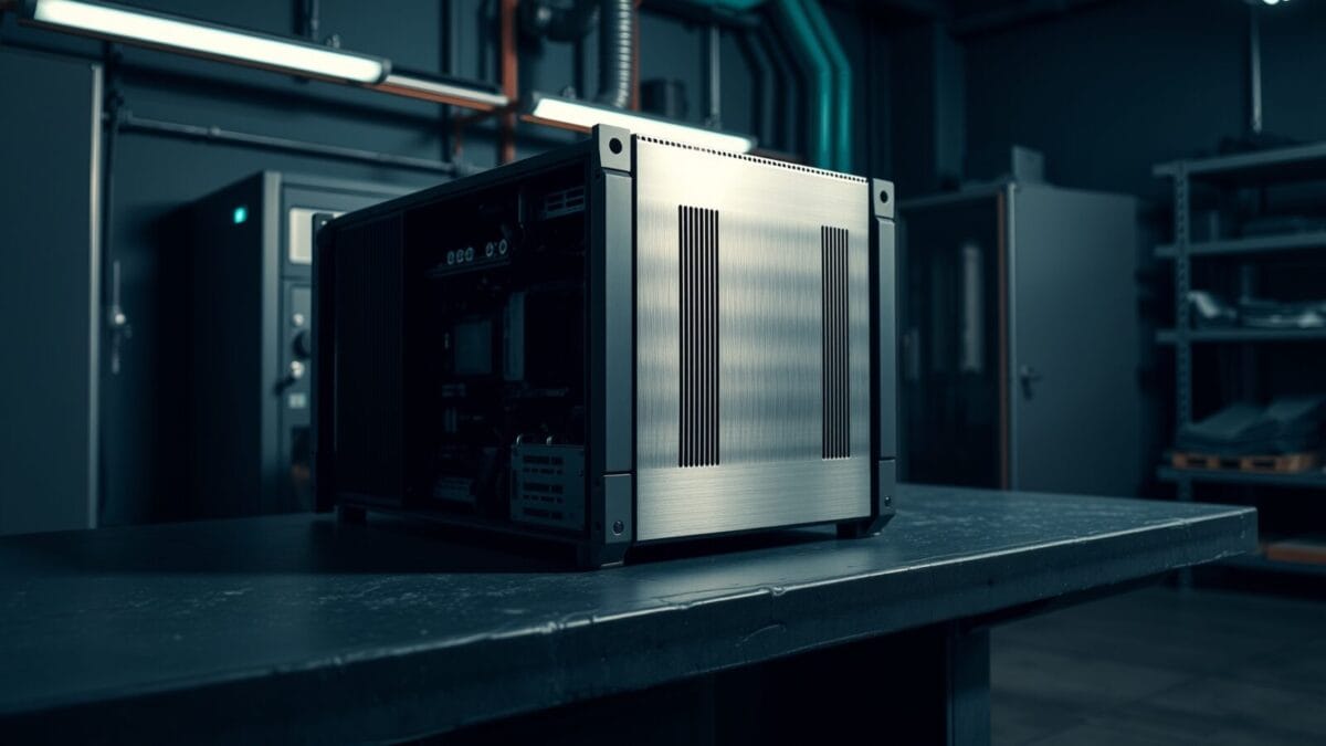Châssis serveur en aluminium brossé posé sur un établi sombre dans un laboratoire vide.