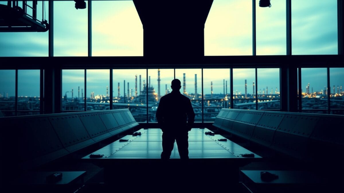Salle de contrôle vide d'une usine pétrochimique au crépuscule, silhouette d'un ingénieur de dos au loin.