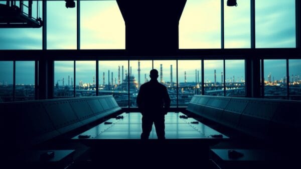 Salle de contrôle vide d'une usine pétrochimique au crépuscule, silhouette d'un ingénieur de dos au loin.
