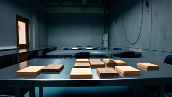 Tuiles-puzzles géométriques en bois posées sur un bureau en acier brossé, vue large.