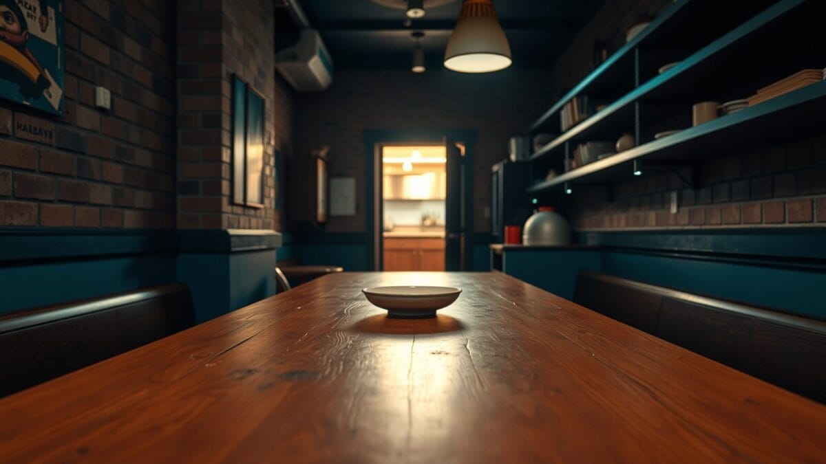 Austin : un menu de resto refait par l'IA, et c'est raté. 1 Comptoir d'un petit restaurant de quartier au crépuscule, assiette en céramique et lumière chaude de cuisine.
