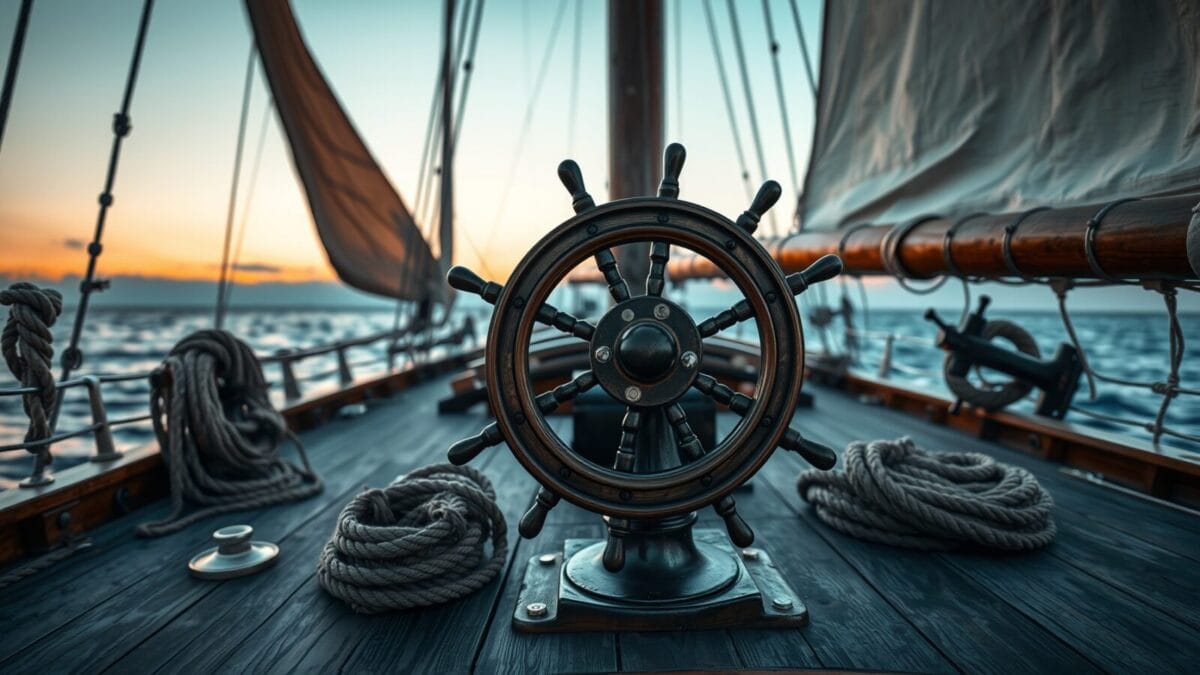 Barre en bois d'un vieux voilier au crépuscule, voile gonflée par le vent en arrière-plan.
