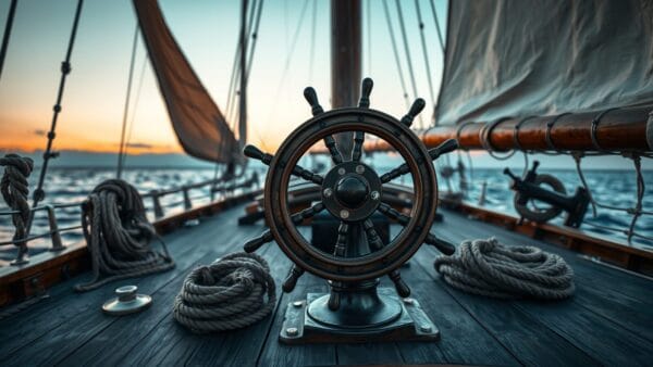 Barre en bois d'un vieux voilier au crépuscule, voile gonflée par le vent en arrière-plan.